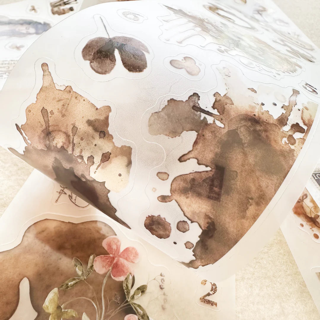 Espresso Enthusiast PET Tape brown leaf patterns with a pink flower on a white backdrop