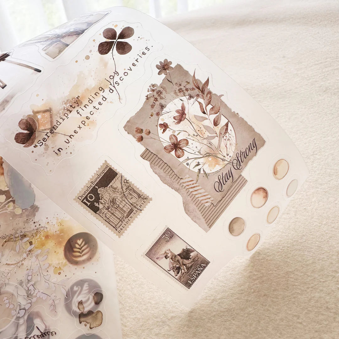 Espresso Enthusiast PET Tape floral and vintage stamp-style designs on a light surface