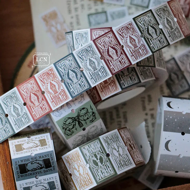 Everyday Journaling Label Tape vintage label designs styled on a wooden block, close-up