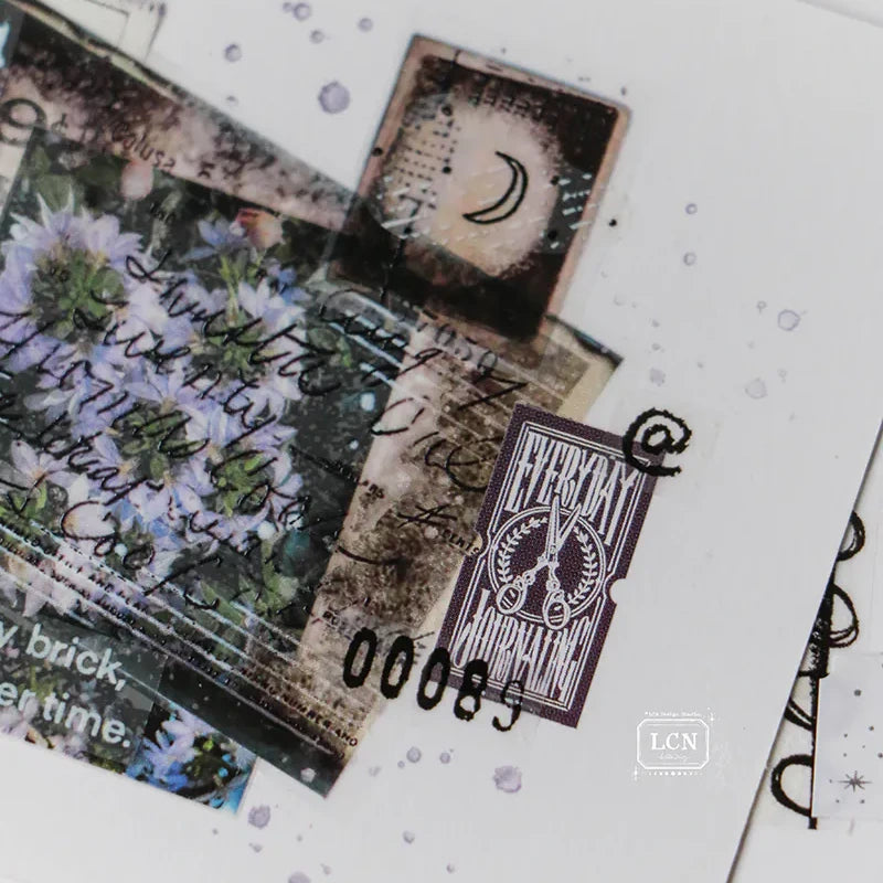 Artistic collage using Everyday Journaling Label Tape with text, flowers and a stamp