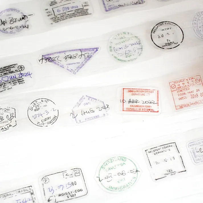 Collection of country visa designs from the Expired Visa Stamp PET Tape on a white background