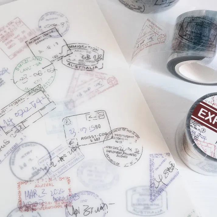 Expired Visa Stamp PET Tape vintage visa designs applied on paper with more stamp motifs behind