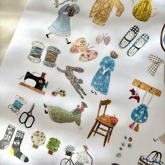 Collage of small Fabric PET Tape illustrations arranged on a white background, top view