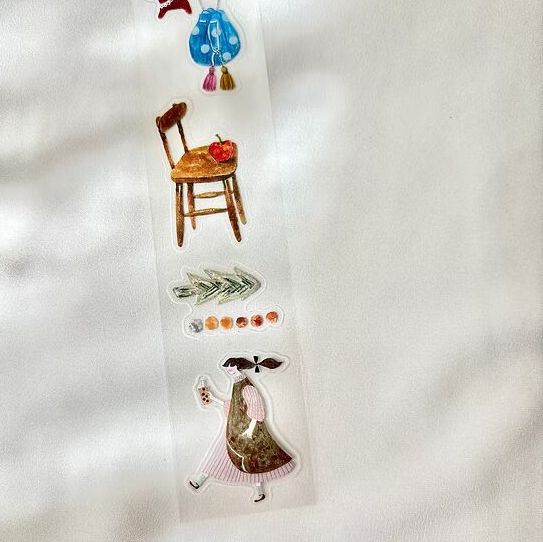 Fabric PET Tape stickers with a chair, heart and sewing elements on a white background