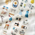 Collection of small, detailed illustrations on a textured surface