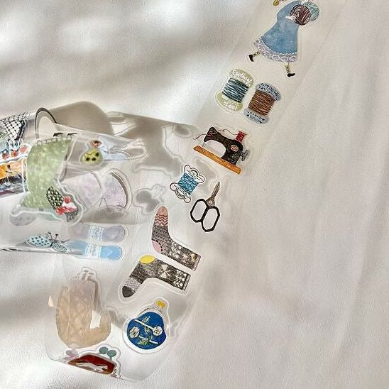 Set of Fabric PET Tape sewing-themed sticker designs displayed on a white background