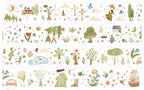Pattern of nature-themed illustrations including trees, houses, and animals on a white background.