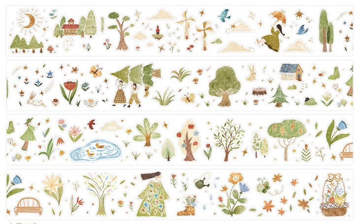 Fairytale Forest PET Tape pattern of trees, houses and animals on a white background