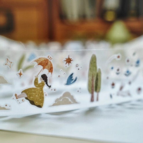Strip of Fairytale Forest PET Tape with a girl, umbrella and nature elements on white