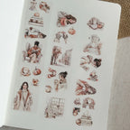 Sheet of illustrated stickers featuring people, books, and pumpkins on a white background.