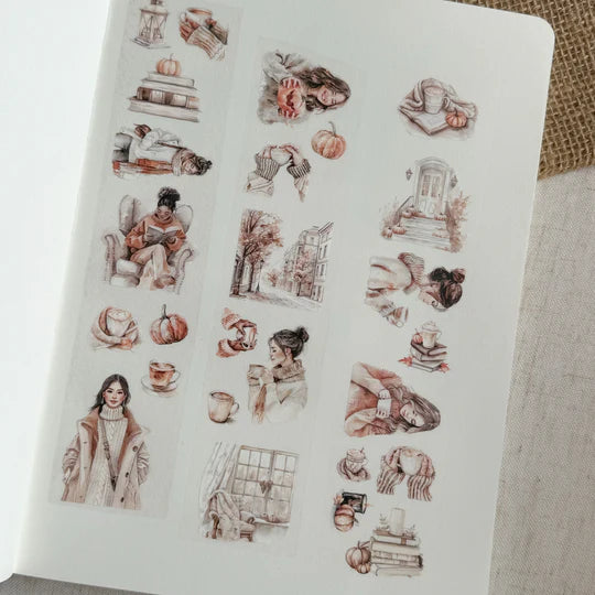 Sheet of Fall Day PET Tape illustrations featuring people, books and pumpkins on a white background
