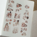 Sticker sheet with illustrated characters and scenes on a notebook page.
