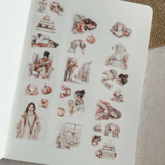 Fall Day PET Tape by ArtStudioLea sticker sheet with autumn characters styled on a notebook page