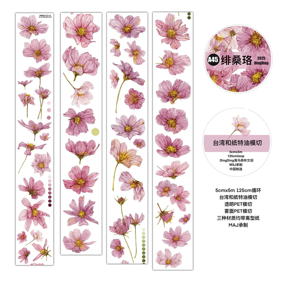 Fei Sangluo Flower A45 PET Tape sheet of pink blooms by DingDing on a white background