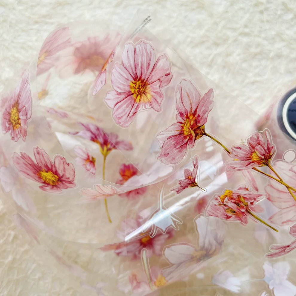 Fei Sangluo Flower A45 PET Tape pink flowers with yellow centres on textured white