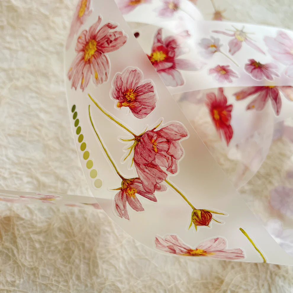 Fei Sangluo Flower A45 PET Tape floral ribbon of pink blooms and leaves on beige