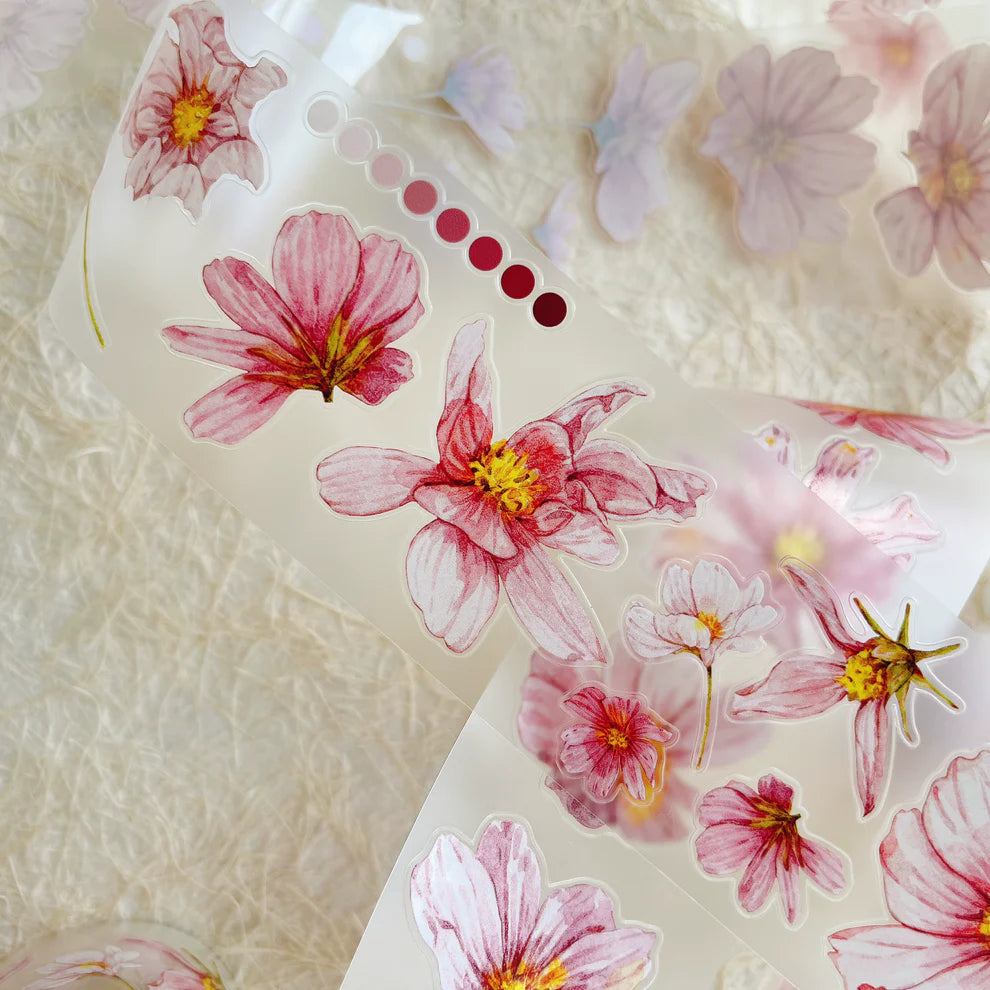 Transparent Fei Sangluo Flower A45 PET Tape sheet of pink florals on textured white