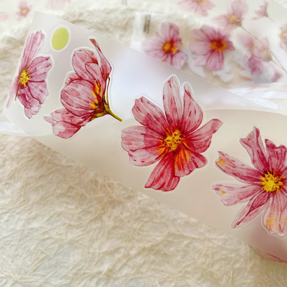 Fei Sangluo Flower A45 PET Tape pink florals applied to a white product, styled view