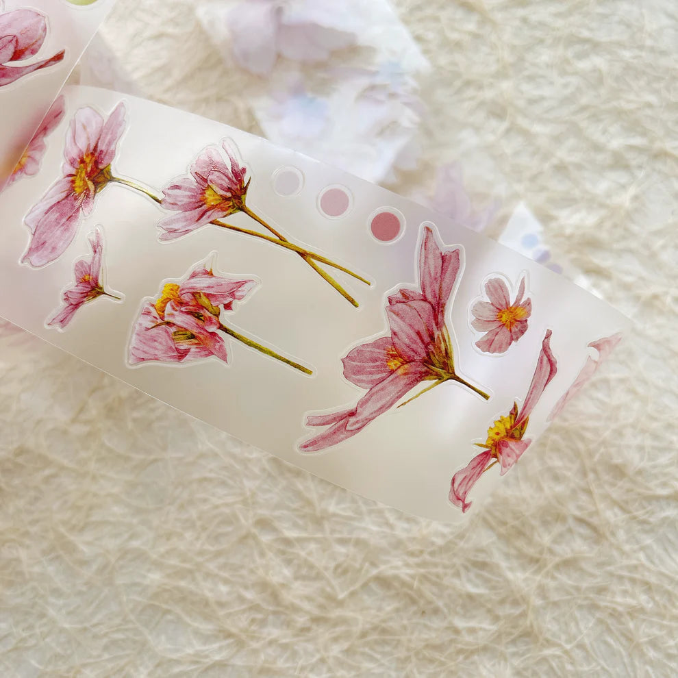 Fei Sangluo Flower A45 PET Tape clear floral sheet on a textured beige background
