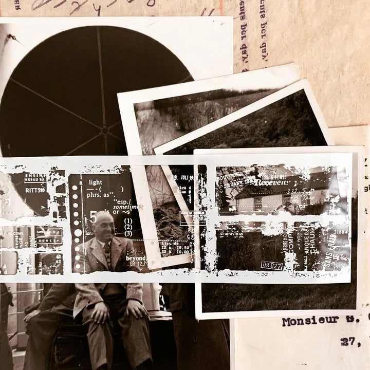 Film Noir 04 White PET Tape collage of vintage photographs and text on a textured backdrop