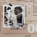 Collage of vintage documents with a black and white photo of a child in a sweater.