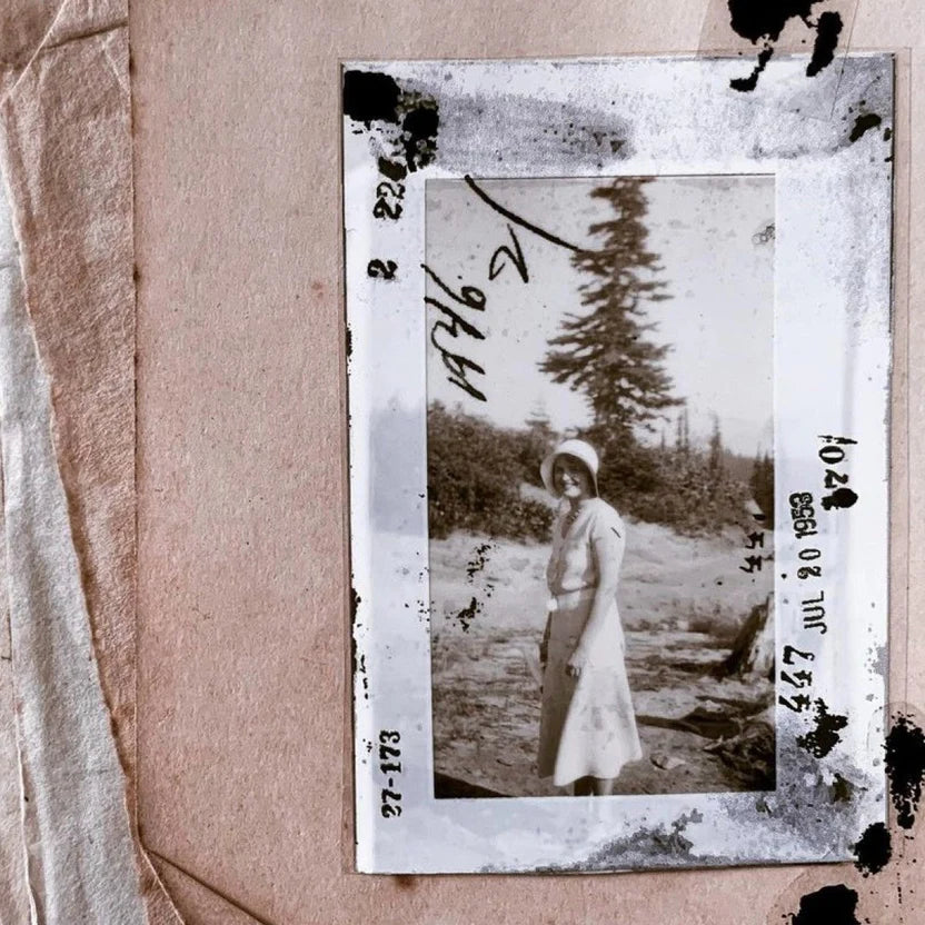 Film Noir 05 PET Tape weathered vintage photograph of a woman outdoors, aged texture
