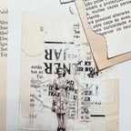 Collage art with a woman in a dress and text overlay on a textured background