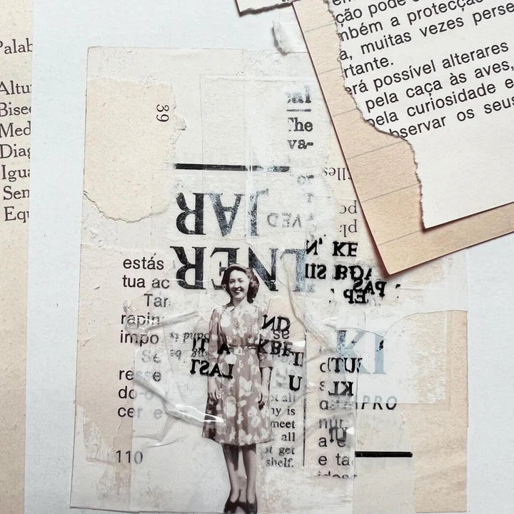 Film Noir 06 PET Tape collage art with a woman in a dress and text overlay on texture