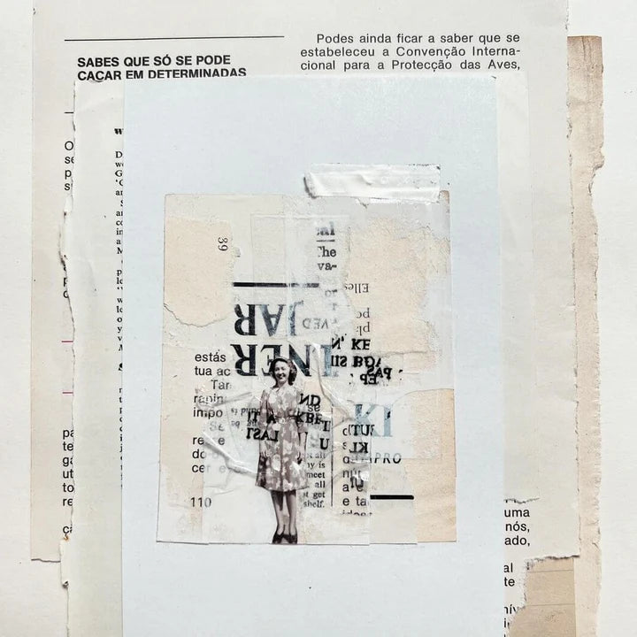 Film Noir 06 PET Tape ephemera collage with text and a dressed figure on textured white
