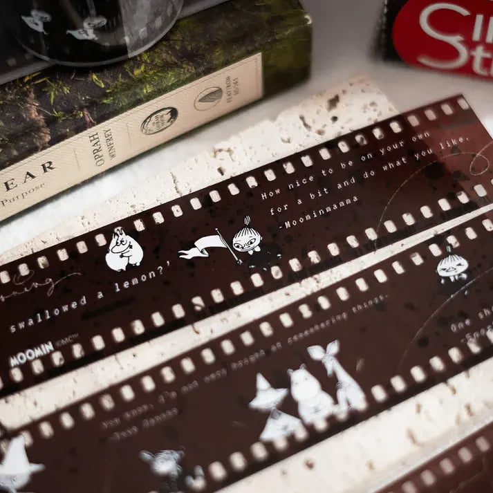 Moomin-themed bookmarks styled with Filmoomin ft. Moomin PET Tape on a textured journaling surface