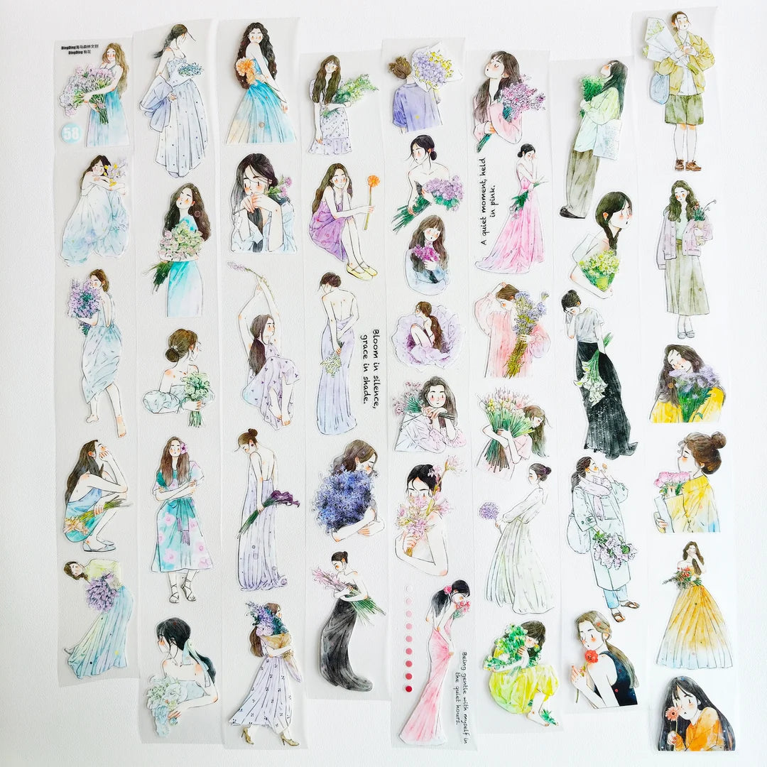 Floral Girls 58 PET Tape by DingDing — watercolour women with bouquets PET tape design, for journaling