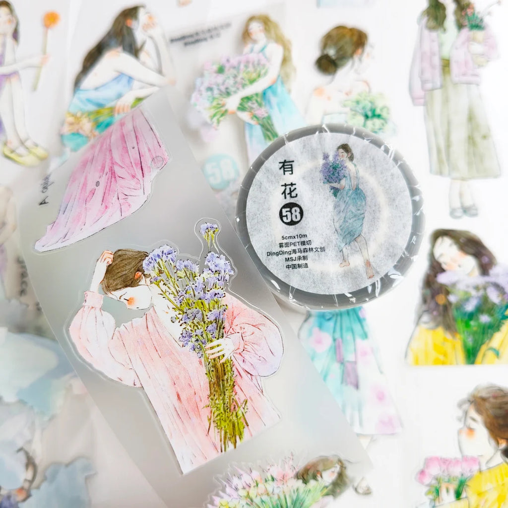 Floral Girls 58 PET Tape by DingDing — roll of women-with-purple-flowers PET deco tape, for journaling