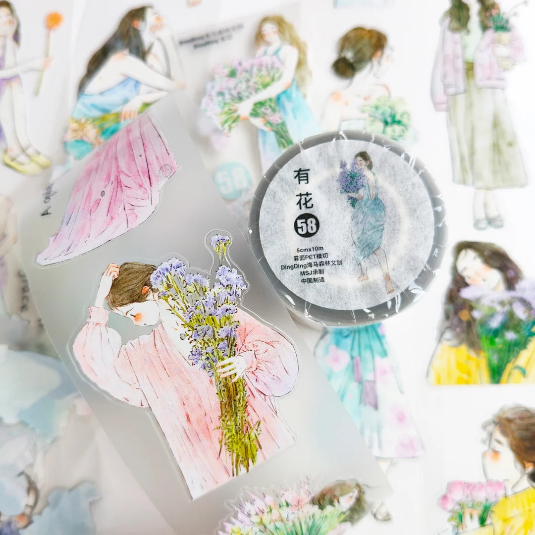 Floral Girls 58 PET Tape by DingDing — roll of women-with-purple-flowers PET deco tape, for journaling