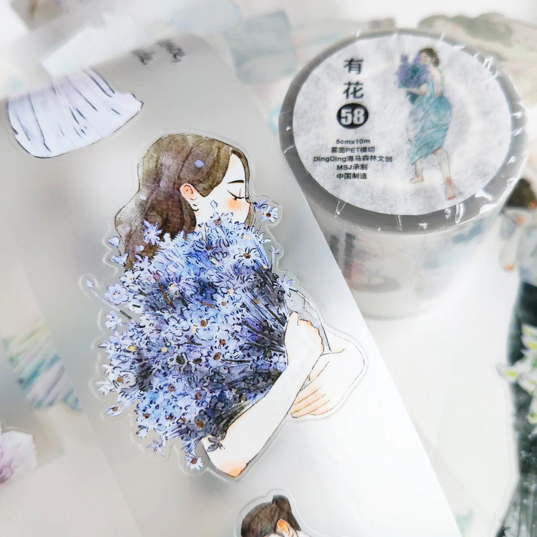 Floral Girls 58 PET Tape by DingDing — girl with a blue bouquet PET tape close-up, for journaling