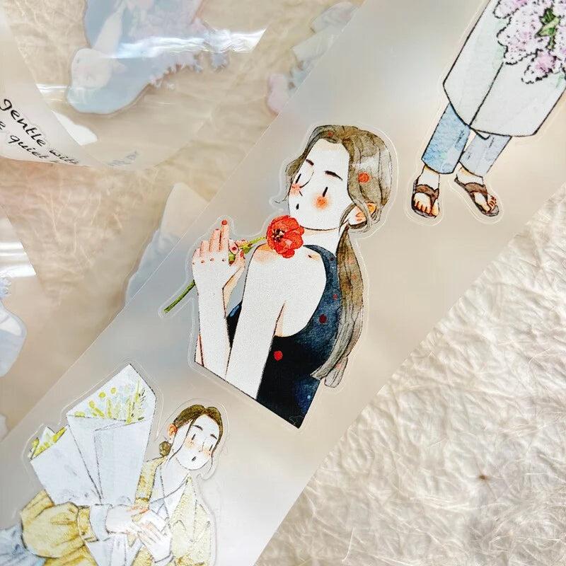 Floral Girls 58 PET Tape by DingDing — figures with a red flower PET tape collage, for journaling