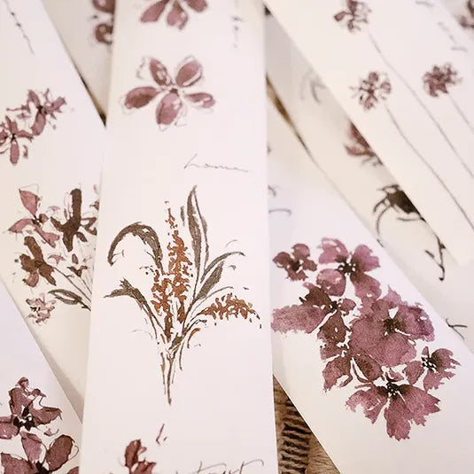 Floral PET Tape watercolor botanical pattern in brown and purple hues, full-sheet detail view