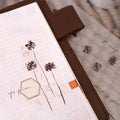 Close-up of a planner with floral designs and grid layout