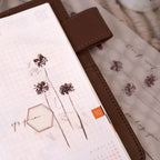 Close-up of a planner with floral designs and grid layout
