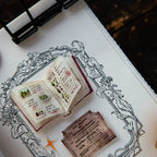 Small open book with illustrations on a decorative background