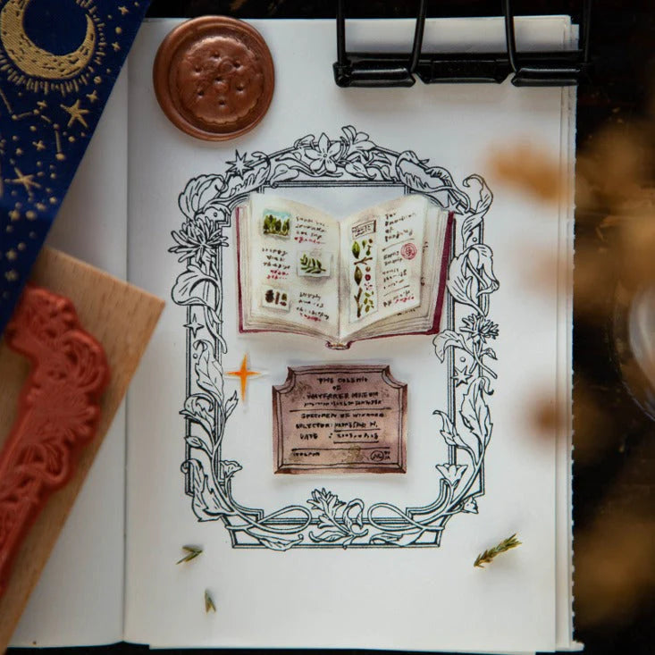 Book decorated with Flower Frame B Rubber Stamp illustrations and text on a white background