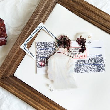 Flower Haired Boy PET Tape styled in a wooden picture frame with deco items on white