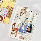 Decorative paper with illustrations of a bear, chair, and other elements on a textured surface.