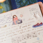 A close-up of a decorated planner page with handwritten notes, stars, bows, and small illustrations, including a pink-haired girl drawing and red shoes, set in a peach-colored case.