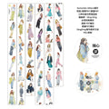 Sheet of illustrated stickers featuring people in various poses with a circular sticker on the right.