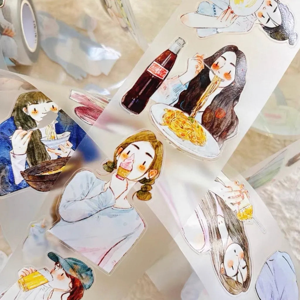 A close-up of decorative washi tape rolls and strips featuring hand-drawn anime-style girls eating noodles, drinking, and a Coca-Cola bottle, shown on a soft light background.