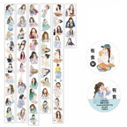 A sheet of multiple small illustrated bookmarks or sticker-like strips featuring many anime-style female characters in pastel clothing, shown alongside two larger circular printed designs with Chinese text and character artwork on a plain white background.