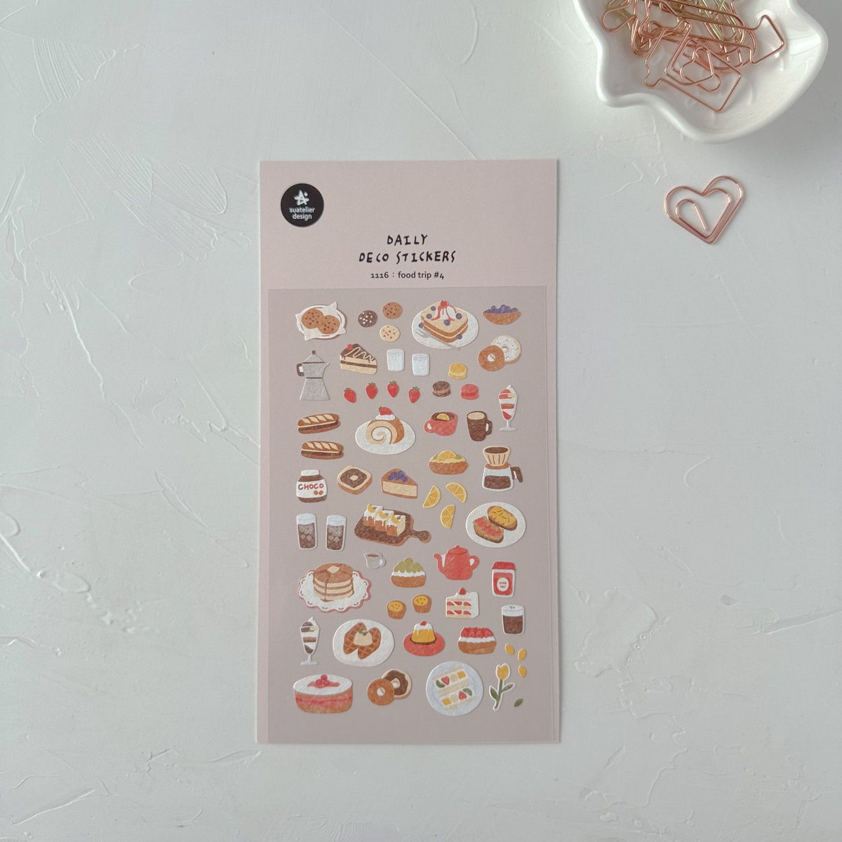 Food Trip 4 Sticker Sheet by Suatelier, food-themed stickers on a light surface
