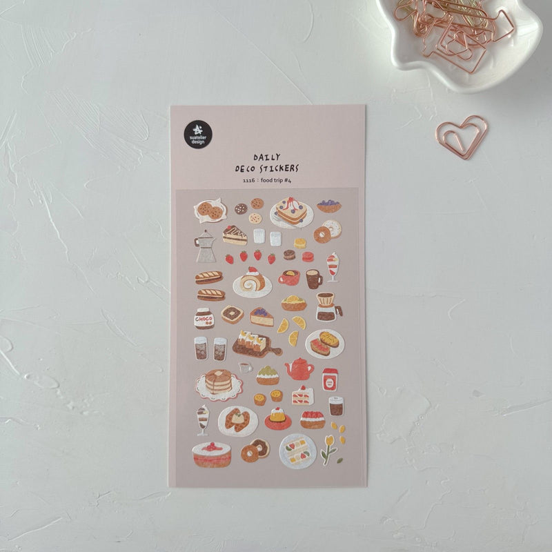 Food Trip 4 Sticker Sheet by Suatelier, food-themed stickers on a light surface