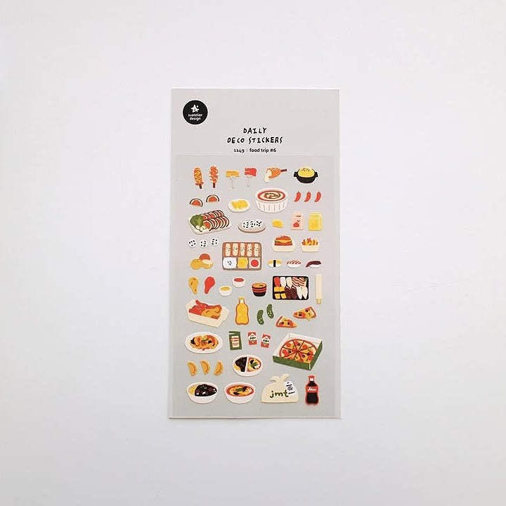 Sheet of food-themed stickers on a white background