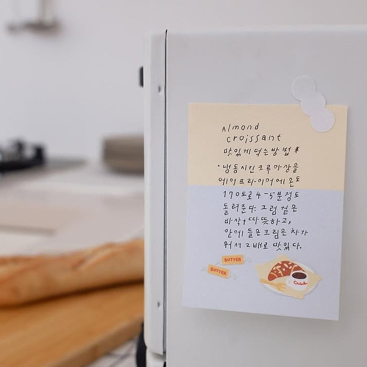 Fridge note with handwritten text and bread and coffee illustrations, from the Food Trip 7 Sticker Sheet